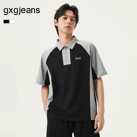 gxg.jeans男装  撞色拼接时尚宽松半拉链翻领短袖POLO衫25夏新品图片