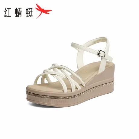 红蜻蜓坡跟凉鞋女2025夏季新款水钻厚底女鞋软底不累脚一字带鞋子图片