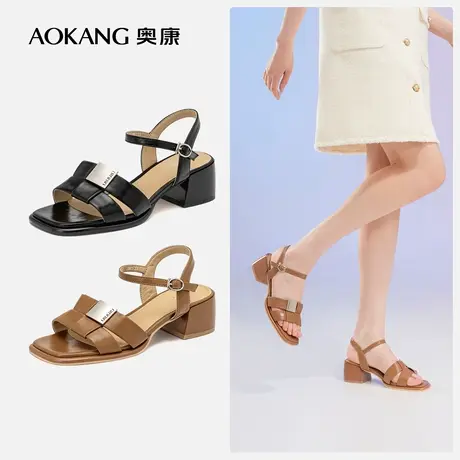 奥康女鞋夏季新款方头一字带时装凉鞋时尚气质通勤亮面粗跟凉鞋商品大图