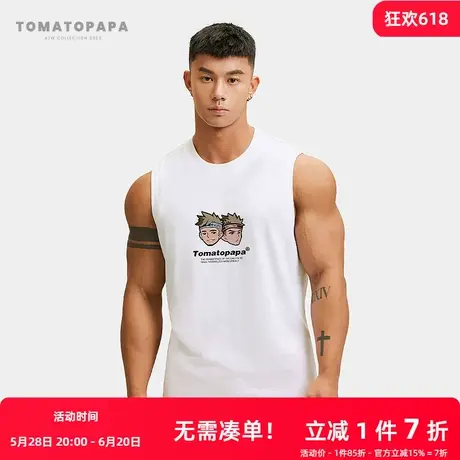 TOMATOPAPA新款背心圆领坎肩简约烫画无袖宽松运动健身训练男上衣图片