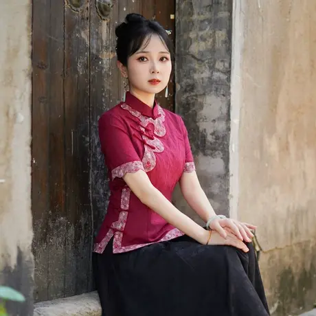 筠雅夏季新款复古改良新中式国风唐装上衣有色斜襟短袖女装25J238商品大图