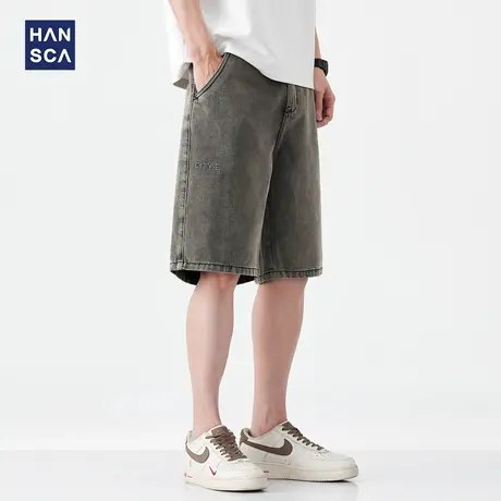 hansca复古刺绣牛仔短裤男2025夏季挺阔耐磨水洗做旧宽松五分裤子商品大图