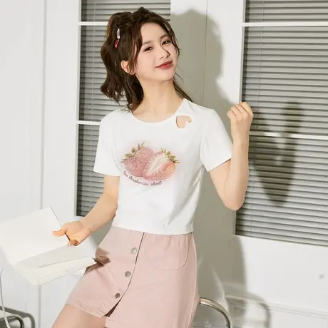 唐狮夏季新款女短袖T恤圆领短款修身草莓爱心镂空辣妹甜美G商品大图