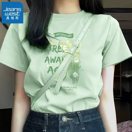 KWV真维斯短袖t恤女2025新款夏季纯棉打底衫圆领正肩独特别致上衣商品大图