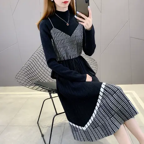 中长款毛衣裙2023新款假两件爆款时尚洋气打底连衣裙女秋冬配大衣图片