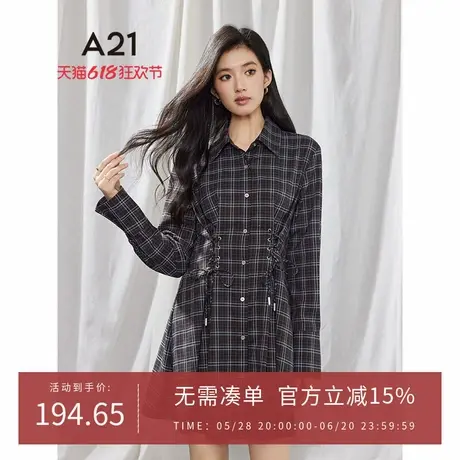 A21女装格子翻领长袖连衣裙2025春新款学院风撞色抽绳修腰衬衫裙图片