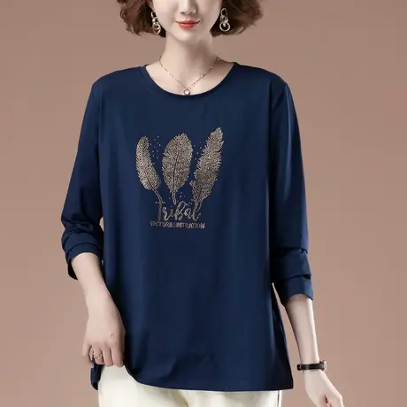 长袖t恤女春秋新款加肥加大码女装宽松纯棉烫钻遮肚子显瘦打底衫商品大图