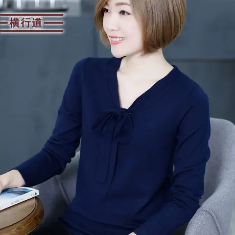 2023冬季女装纯色羊毛衣针织衫系带长袖V领外穿小衫蝴蝶结上衣服商品大图