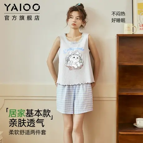 雅鹿带胸垫睡衣女款夏季莫代尔卡通小猫咪无袖运动背心短裤家居服商品大图