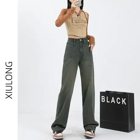 水泥灰高腰窄版阔腿牛仔裤女春秋季2023年新款显瘦直筒宽松拖地裤图片