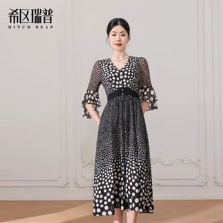 HITCH REAP/希区瑞普希区瑞普收腰显瘦v领雪纺法式波点连衣裙女商品大图