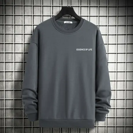 灰色卫衣男宽松潮流摇粒绒加绒加厚秋冬款无帽上衣服圆领长袖t恤商品大图