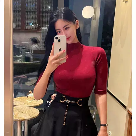 现货 Onoev秋半高领中袖螺纹女人味弹力打底衫体恤图片