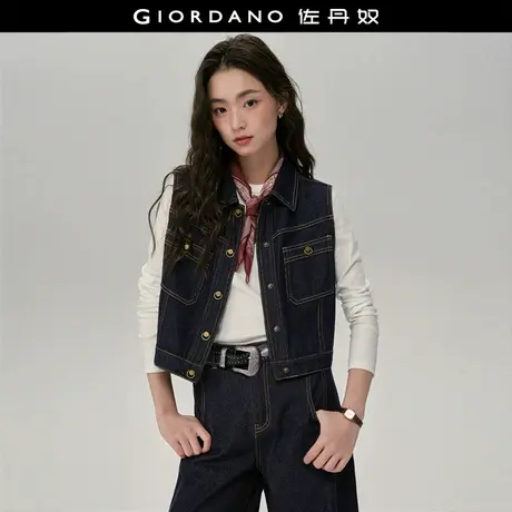 设计师款佐丹奴牛仔马甲女洗水明线口袋短款翻领背心外套18375504商品大图