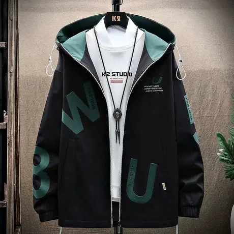 青少年男装外套男春秋宽松潮流初中学生连帽冬季加绒加厚男士夹克商品大图