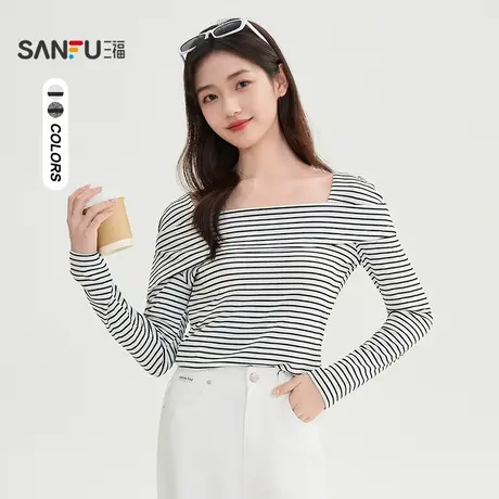 三福长T恤2025秋季简约服帖袖口条纹搭片上衣女装508193商品大图