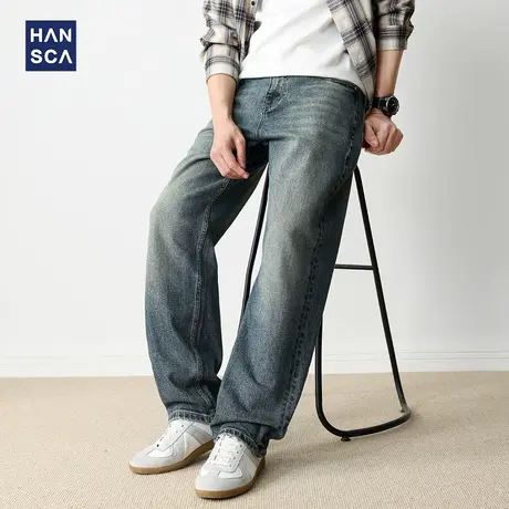 hansca复古直筒牛仔裤2025新款男秋宽松阔腿做旧水洗美式休闲长裤商品大图