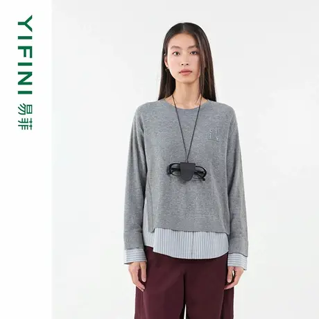 [专柜同款]Yifini/易菲拼接假两件圆领长袖针织衫条纹宽松毛衫女商品大图