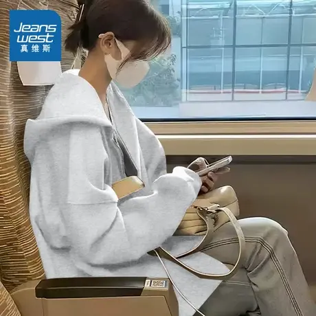 KMV真维斯连帽卫衣女2025新款春秋季拉链宽松慵懒风外套开衫上衣商品大图