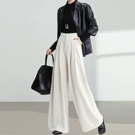 休闲条纹直筒阔腿裤女2025春秋新款高腰宽松垂感百搭拖地西装裤子商品大图