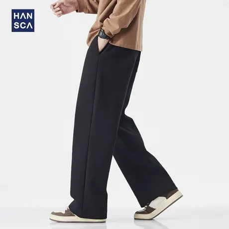 hansca秋季黑色抽绳运动裤男美式宽松直筒垂顺微弹力保暖休闲卫裤商品大图