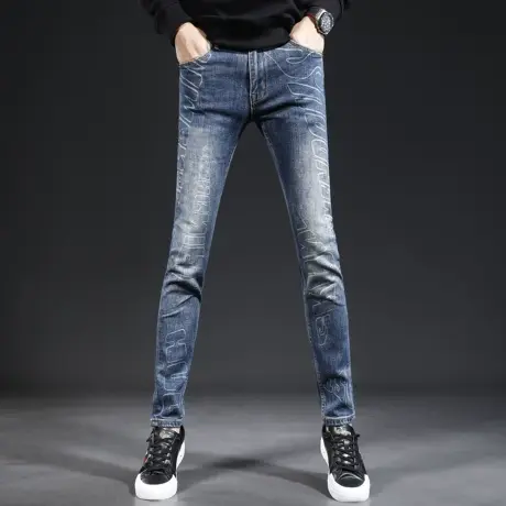 香港高端品质印花牛仔裤男款2023新款春秋季弹力男士裤子修身小脚商品大图