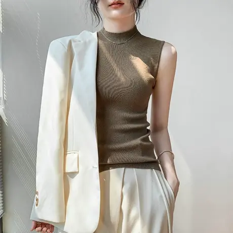 歌倍尚半高领针织无袖背心女秋季新款修身内搭打底衫羊毛纯色上衣商品大图