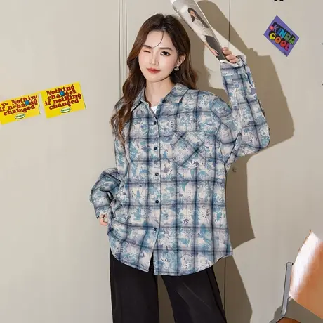 唐狮新款长袖衬衫女蓝色格子扎染朋克复古慵懒风休闲上衣blTM图片