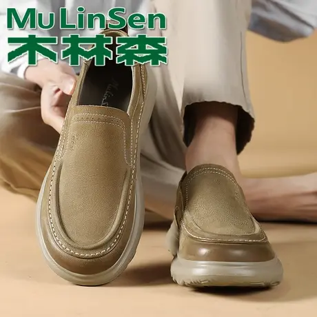 木林森正品头层牛皮套脚男鞋软底轻便休闲皮鞋春季透气懒人鞋男款商品大图