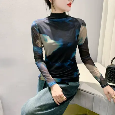 性感半高领T恤女长袖扎染印花透气网纱上衣洋气修身减龄打底衫ins商品大图