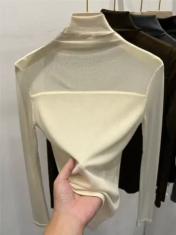 气质半高领薄款蕾丝网纱小衫女2023秋新款长袖T恤内搭打底衫上衣商品大图