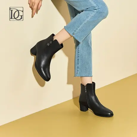 头层牛皮粗跟短靴女2023秋冬新款真皮高跟妈妈靴加绒女靴及踝靴商品大图