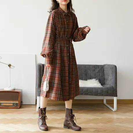胖妹妹冬装中长款格子宽松长袖衬衫裙女复古方领单排扣连衣裙外套商品大图