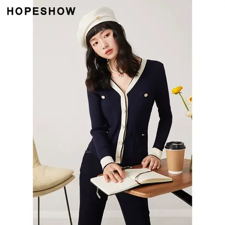 红袖outlets撞色边V领针织衫hopeshow2023秋款单排扣薄款开衫毛衣商品大图