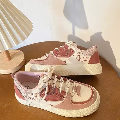 Betoo 小白鞋子女2022年秋新款小众设计粉色帆布鞋ins潮百搭板鞋商品大图
