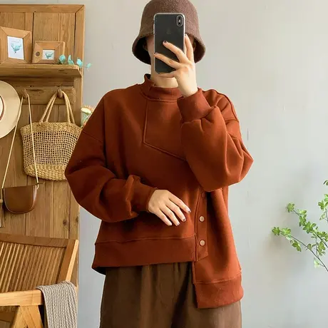 dza 复古半高圆领拼接不规则加绒卫衣女秋冬加厚宽松显瘦长袖上衣商品大图