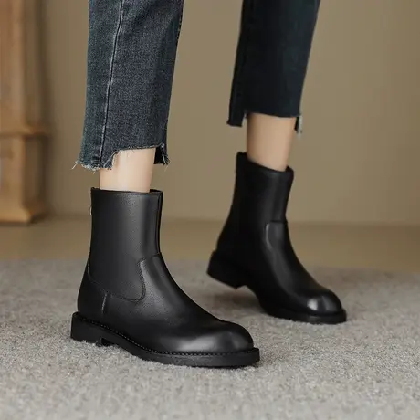 粗跟短靴女2023新款秋冬季复古女靴时尚圆头短筒靴女低跟真皮靴子图片