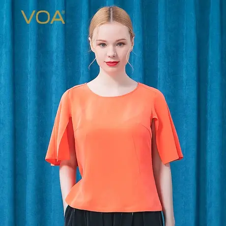 VOA40姆米重磅桑蚕丝海军领镂空中袖后背盖肩加厚做旧橙黄真丝T图片