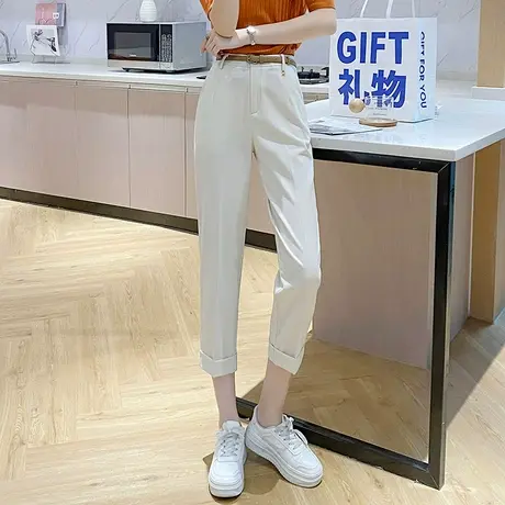 丽洁黑色西装裤女夏新款西裤高腰修身直筒裤杏色七分裤薄款烟管裤图片