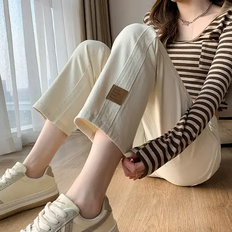 直筒牛仔裤女宽松2024年新款春季米色高腰裤子九分拼接八分烟管裤商品大图