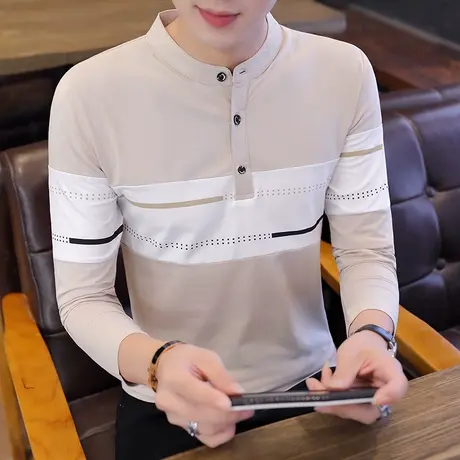 立领t恤男纯棉2023秋季新款潮流修身polo衫男装长袖打底衫上衣服商品大图
