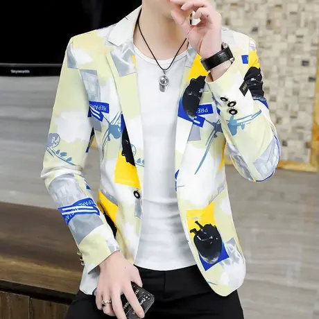 春季2022年新款花西服男士韩版潮流薄款帅气男款外套修身型小西装商品大图