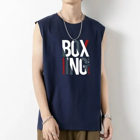 纯棉无袖t恤男士背心夏季薄款跨栏健身篮球字母印花宽肩运动坎肩商品大图