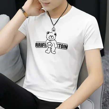 莫代尔白色t恤男短袖夏季上衣服小熊印花潮流青少年冰丝冰感半袖商品大图