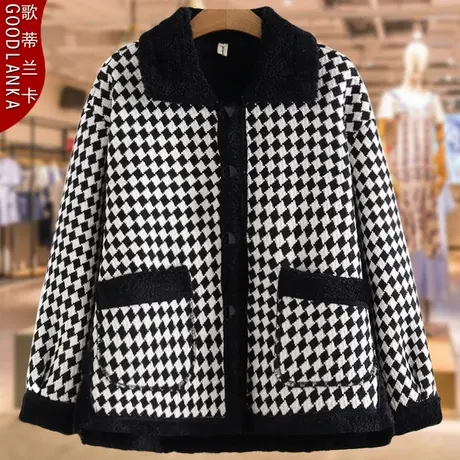 中年妈妈秋冬装新款加厚小香风外套洋气加肥加大码千鸟格加绒上衣商品大图