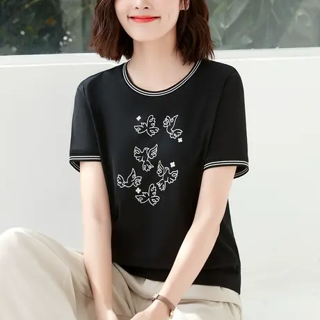 正肩纯棉t恤女2023年新款洋气矮个子中年胖妈妈夏装显瘦体恤短袖商品大图