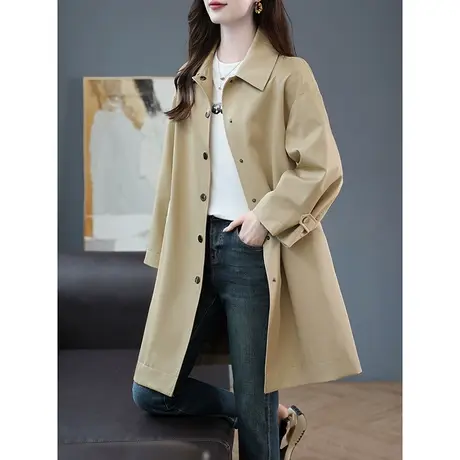 宝诗黎翻领气质风衣外套女中长款英伦风棉质宽松大衣2023秋季新款商品大图