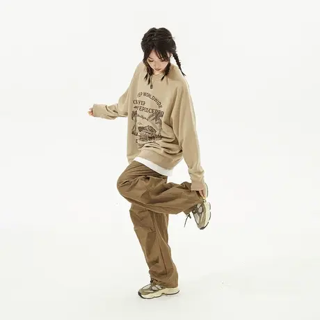 YEP美式复古无帽卫衣女春秋2025年新款ins潮牌情侣装宽松外套上衣商品大图