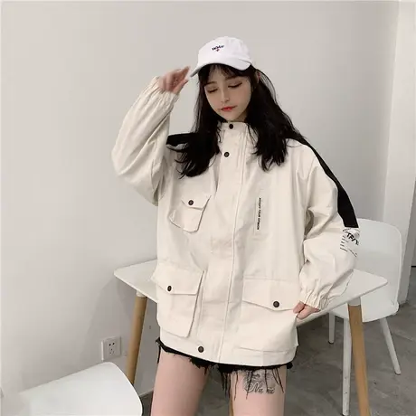工装外套女2021春秋新款学生韩版宽松百搭bf连帽棒球服ins夹克潮图片