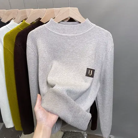 一体绒半高领毛衣女加绒加厚打底衫2023秋冬新款针织衫内搭上衣潮商品大图